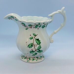 Vintage Festive Holiday Small Holly Leaf Ceramic Water Pitcher Ewer Jug 6" Tall